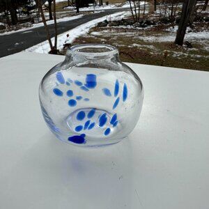 #7750 Vintage Handblown Murano Style Clear Glass Vase With Cobalt Blue Abstract